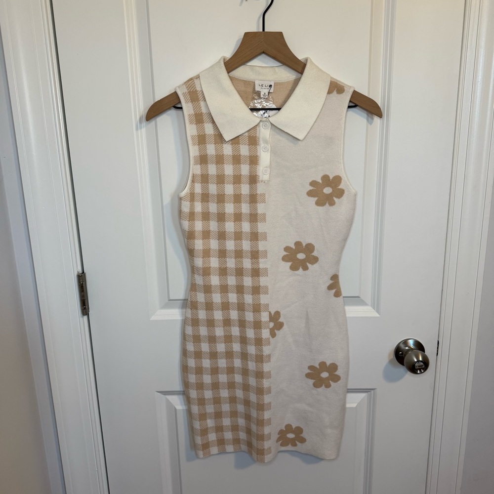 Le Lis Anthropolgie Flower Checkered Beige Body Con Dress Size Small Hippie Wmn